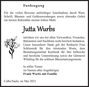 Traueranzeige von Jutta Wurbs  von Magdeburger Volksstimme