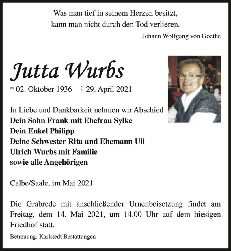  Traueranzeige für Jutta Wurbs  vom 08.05.2021 aus Magdeburger Volksstimme
