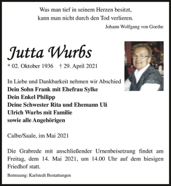 Traueranzeige von Jutta Wurbs  von Magdeburger Volksstimme