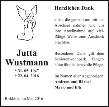 Traueranzeige von Jutta Wustmann  von Magdeburger Volksstimme