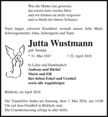 Traueranzeige von Jutta Wustmann (geb. Stendal)  von Magdeburger Volksstimme