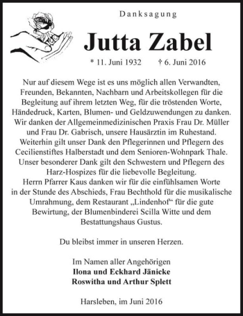 Traueranzeige von Jutta Zabel  von Magdeburger Volksstimme
