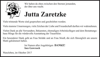 Traueranzeige von Jutta Zaretzke  von Magdeburger Volksstimme