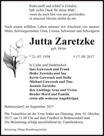 Traueranzeige von Jutta Zaretzke (geb. Heise)  von Magdeburger Volksstimme