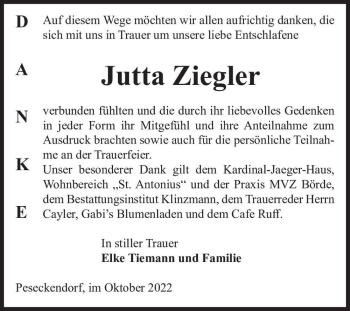 Traueranzeige von Jutta Ziegler  von Magdeburger Volksstimme