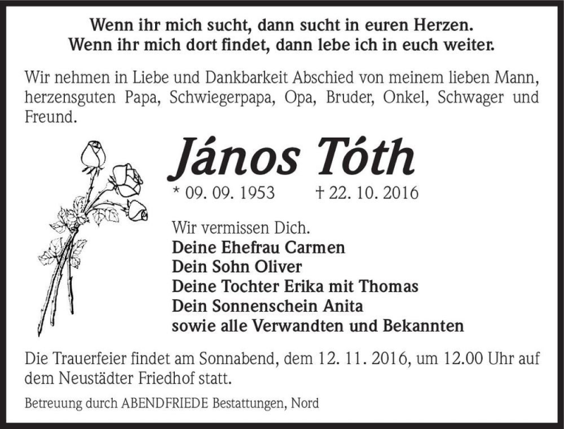  Traueranzeige für János Tóth  vom 29.10.2016 aus Magdeburger Volksstimme