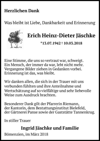Traueranzeige von Jäschke Erich Heinz-Dieter  von Magdeburger Volksstimme
