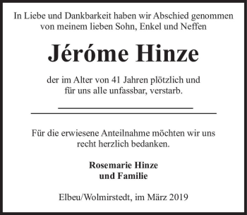Traueranzeige von Jéróme Hinze  von Magdeburger Volksstimme
