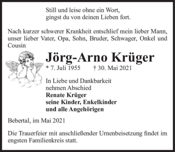 Traueranzeige von Jörg-Arno Krüger  von Magdeburger Volksstimme