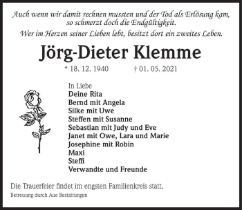 Traueranzeige von Jörg-Dieter Klemme  von Magdeburger Volksstimme