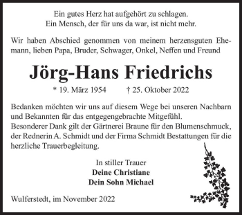 Traueranzeige von Jörg-Hans Friedrichs  von Magdeburger Volksstimme