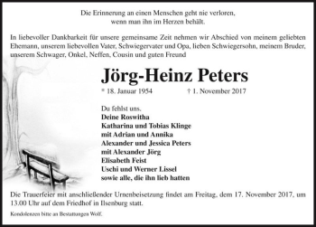 Traueranzeige von Jörg-Heinz Peters  von Magdeburger Volksstimme