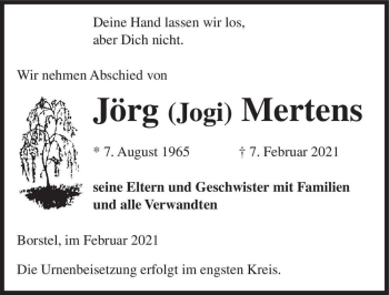 Traueranzeige von Jörg (Jogi) Mertens  von Magdeburger Volksstimme