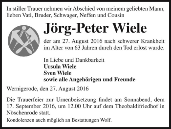 Traueranzeige von Jörg-Peter Wiele  von Magdeburger Volksstimme