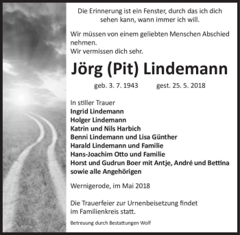 Traueranzeige von Jörg (Pit) Lindemann  von Magdeburger Volksstimme