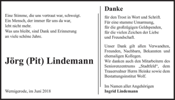 Traueranzeige von Jörg (Pit) Lindemann  von Magdeburger Volksstimme