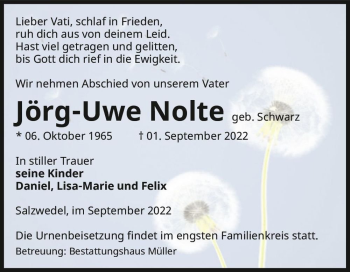 Traueranzeige von Jörg-Uwe Nolte (geb. Schwarz)  von Magdeburger Volksstimme