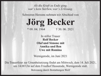 Traueranzeige von Jörg Becker  von Magdeburger Volksstimme