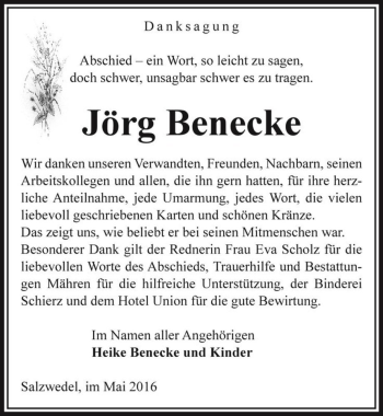 Traueranzeige von Jörg Benecke  von Magdeburger Volksstimme