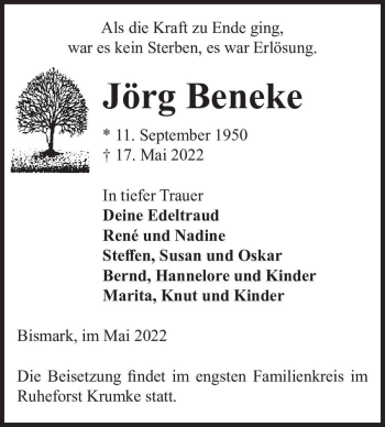 Traueranzeige von Jörg Beneke  von Magdeburger Volksstimme