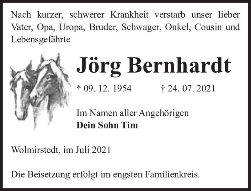  Traueranzeige für Jörg Bernhardt  vom 31.07.2021 aus Magdeburger Volksstimme