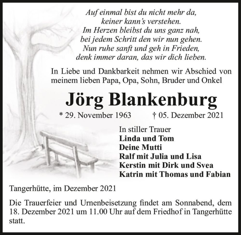  Traueranzeige für Jörg Blankenburg  vom 15.12.2021 aus Magdeburger Volksstimme