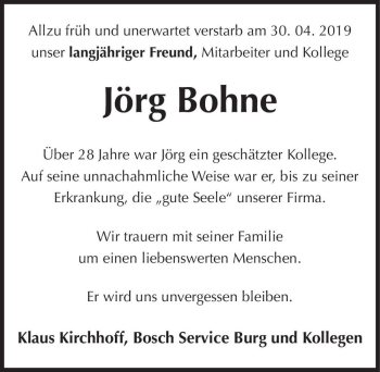 Traueranzeige von Jörg Bohne  von Magdeburger Volksstimme