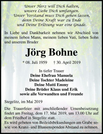 Traueranzeige von Jörg Bohne  von Magdeburger Volksstimme