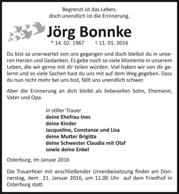 Traueranzeige von Jörg Bonnke  von Magdeburger Volksstimme
