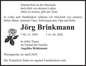 Traueranzeige von Jörg Brinkmann  von Magdeburger Volksstimme