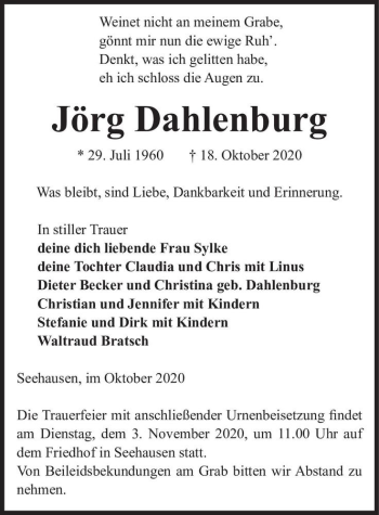Traueranzeige von Jörg Dahlenburg  von Magdeburger Volksstimme