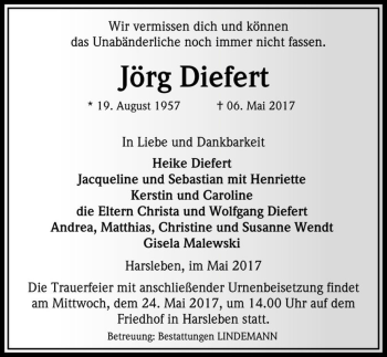 Traueranzeige von Jörg Diefert  von Magdeburger Volksstimme