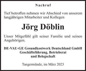 Traueranzeige von Jörg Döblin  von Magdeburger Volksstimme