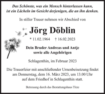 Traueranzeige von Jörg Döblin  von Magdeburger Volksstimme