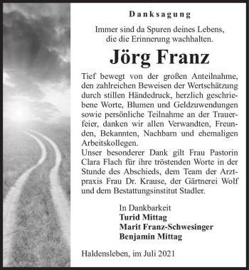 Traueranzeige von Jörg Franz  von Magdeburger Volksstimme