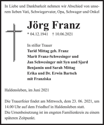 Traueranzeige von Jörg Franz  von Magdeburger Volksstimme