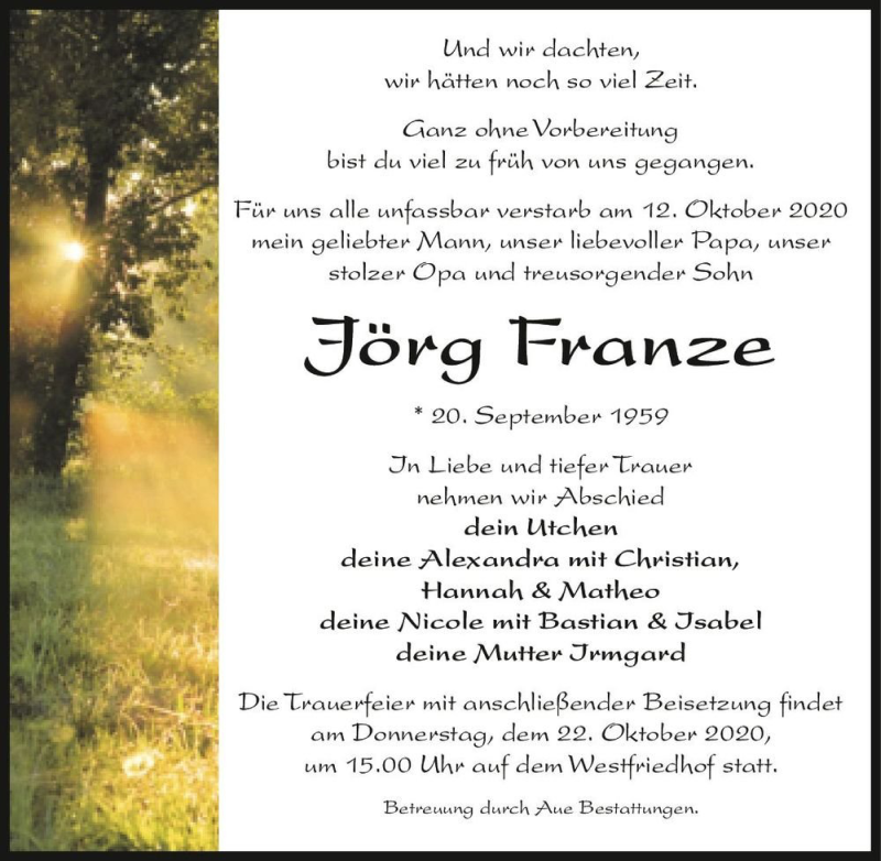  Traueranzeige für Jörg Franze  vom 17.10.2020 aus Magdeburger Volksstimme