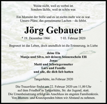 Traueranzeige von Jörg Gebauer  von Magdeburger Volksstimme