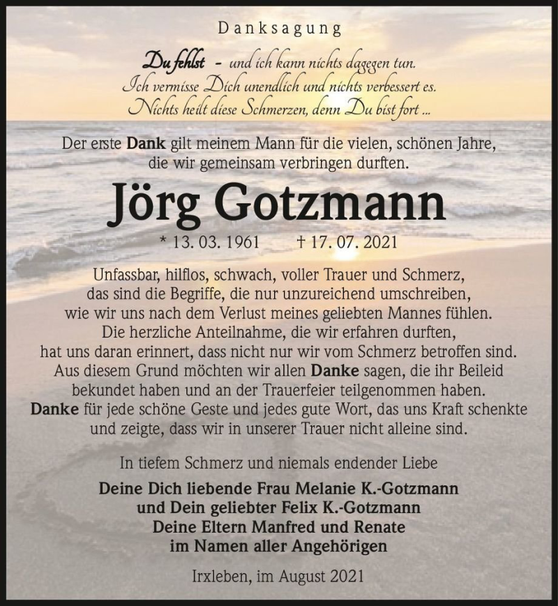  Traueranzeige für Jörg Gotzmann  vom 14.08.2021 aus Magdeburger Volksstimme
