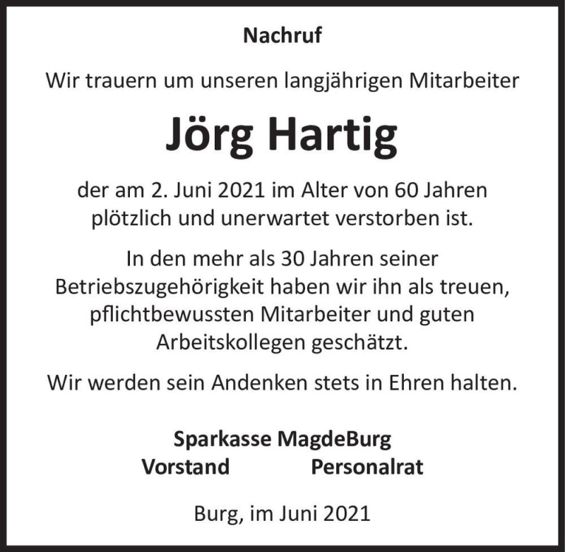  Traueranzeige für Jörg Hartig  vom 19.06.2021 aus Magdeburger Volksstimme
