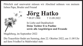 Traueranzeige von Jörg Hatko  von Magdeburger Volksstimme