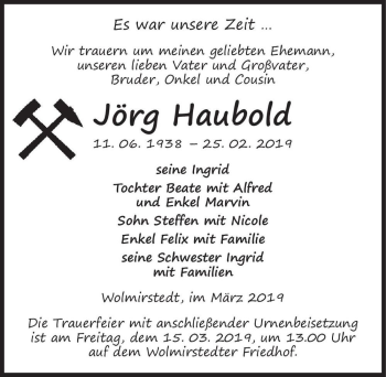 Traueranzeige von Jörg Haubold  von Magdeburger Volksstimme