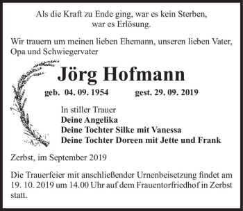 Traueranzeige von Jörg Hofmann  von Magdeburger Volksstimme