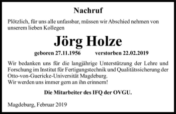 Traueranzeige von Jörg Holze  von Magdeburger Volksstimme