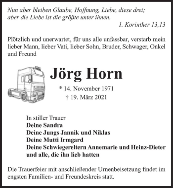 Traueranzeige von Jörg Horn  von Magdeburger Volksstimme