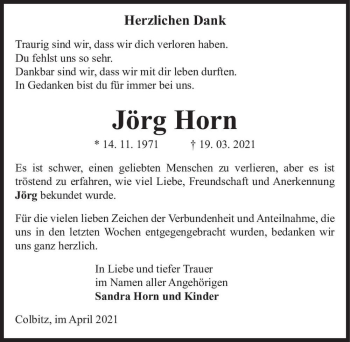 Traueranzeige von Jörg Horn  von Magdeburger Volksstimme