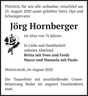 Traueranzeige von Jörg Hornberger  von Magdeburger Volksstimme