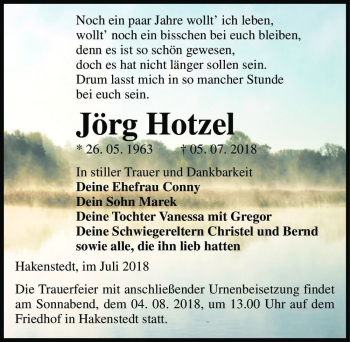 Traueranzeige von Jörg Hotzel  von Magdeburger Volksstimme