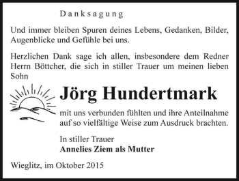 Traueranzeige von Jörg Hundertmark  von Magdeburger Volksstimme