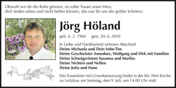 Traueranzeige von Jörg Höland  von Magdeburger Volksstimme